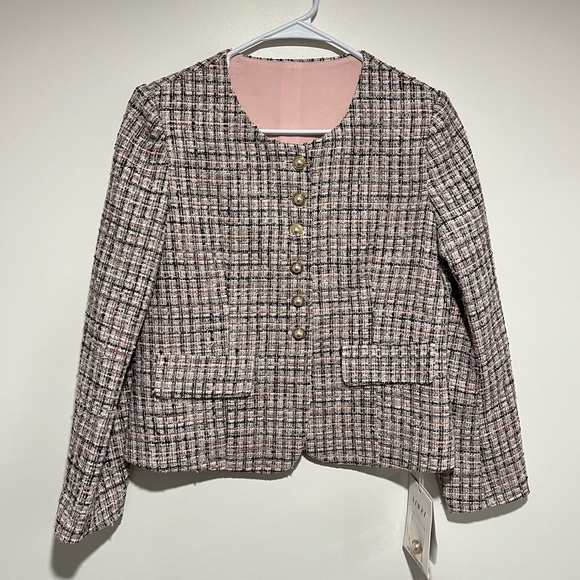 Jackets & Blazers - Women's Wool Blended Tweed Jacket - Pink and Black